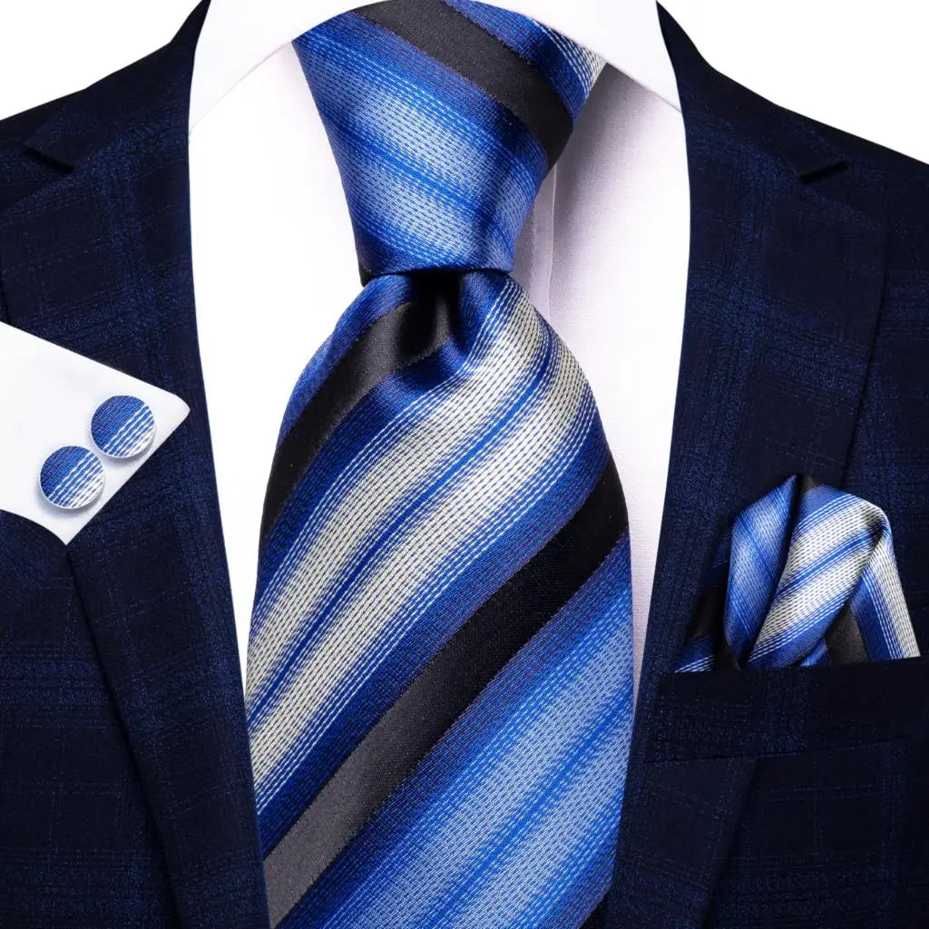 Hi-tie Light Blue Striped Novelty Wedding Tie Men Handky Cufflinks Qme 3482