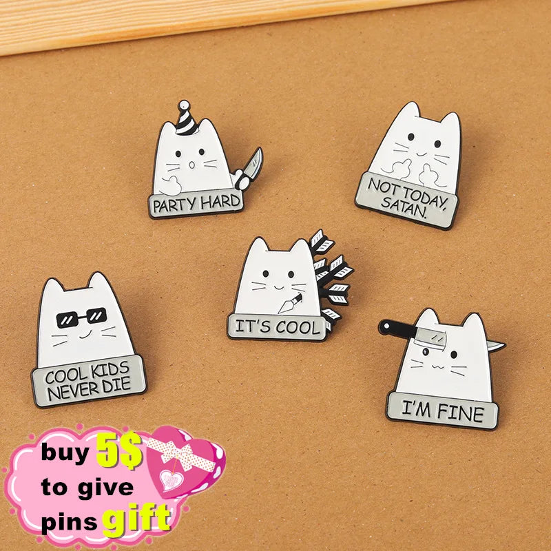 Cartoon Cat Enamel Pin I'm Fine Quote Metal Cute Animals Knife Badge Lapel Clothes Brooch Jewelry Gift Backpack Gift for Friends Qme