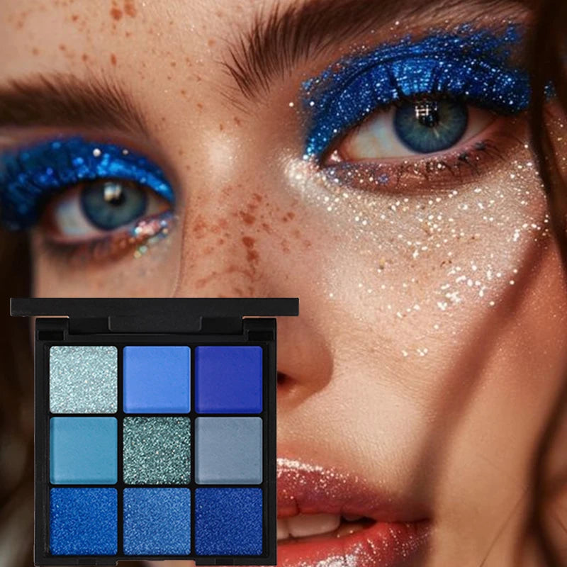 Blue Eye Makeup 9 Matte Glitter Eyeshadow Palette+blue Qme
