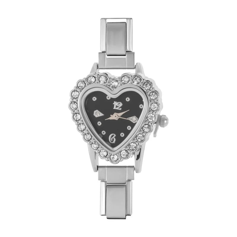 Men Womens Stainless Steel Arabic Numerals Heart Shape Shiny CZ Watch