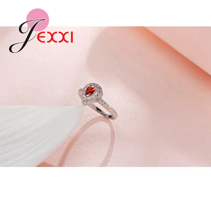 925 Sterling Silver Color Ring Waterdrop Shape Ornament Fire Red Crystal Stone For Women Female Gift Qme