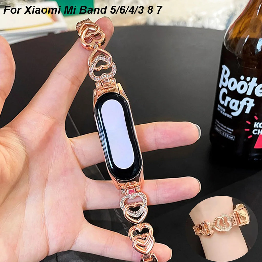 Strap For Xiaomi Mi Band 8 7 Watch Band For Mi Band 5/6/4/3 Fashion INS Love Heart Metal Bracelet Miband Smartwatch Accessories Qme