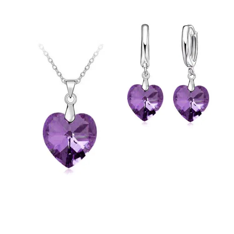 Love Heart Shape Women 925 Sterling Silver Color Bridal Jewelry Set For Wedding Fashion Crystal Pendants Necklaces Earring Set Qme Purple