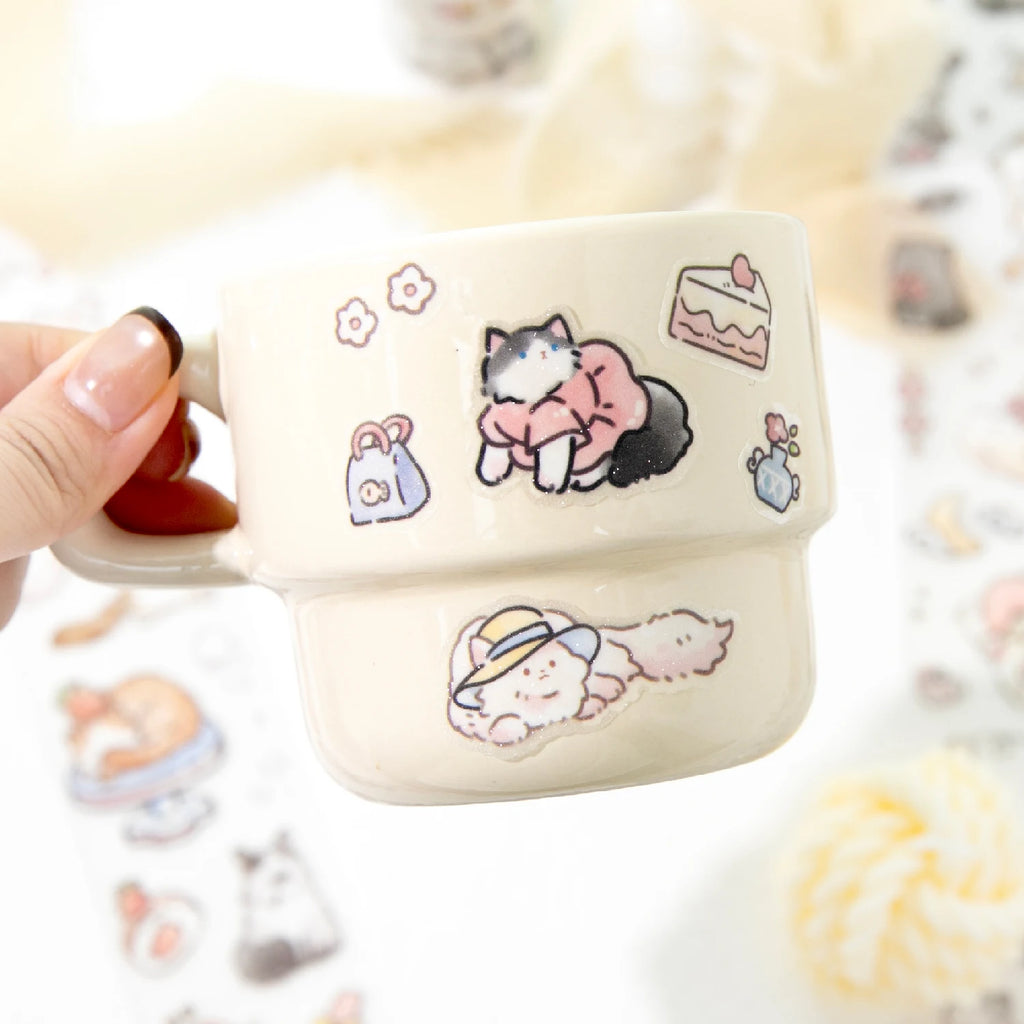 1 Roll Kawaii Cute Line Drawing Cat Theme Glitter PET Tape for Scrapbooking DIY Background Decor Collage Phone Case Notebook Qme