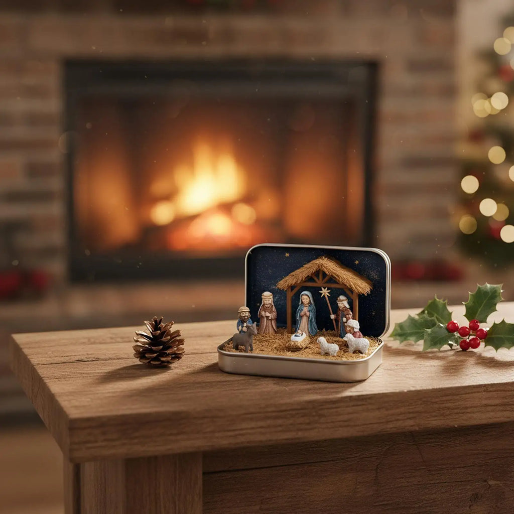 Miniature Nativity Tin Box Christmas Table Decoration Tabletop Qme