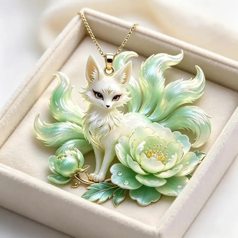 Nine Tailed Fox Pendant Necklace Unique Peony Flower Design Gold Plated Jewelry for Women Gifts Qme