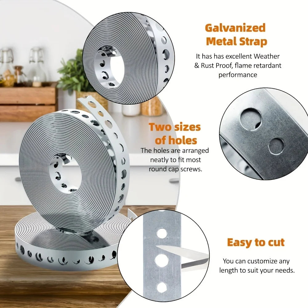 1 Roll of Galvanized Steel Tape, Pre-Punched Multi-Slot Metal Tape for Pipe Support and Sheet Metal Work Qme
