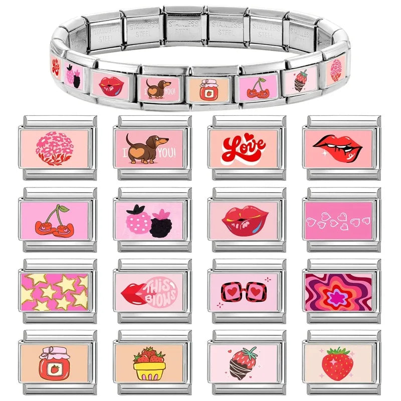 2026 Wholesale Fit 9mm Cute Pink Red Lip Yellow Stars Love Heart Italian Charm Stainless Steel Link Making DIY Jewelry Bracelets Qme
