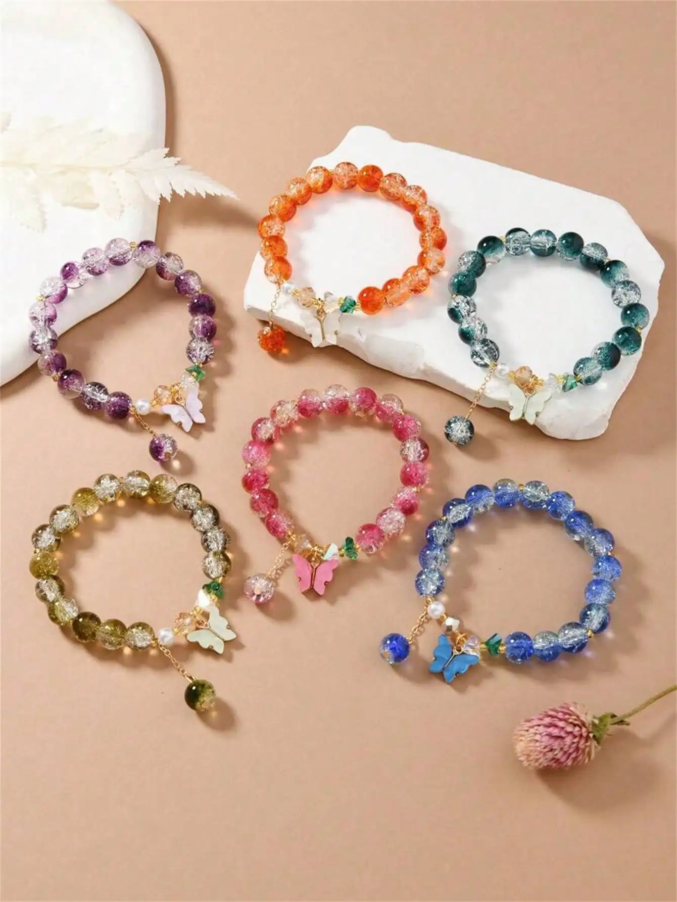 Handmade Beaded Bracelet Glass Crackle Crystal Pearl Butterfly Decor Qme