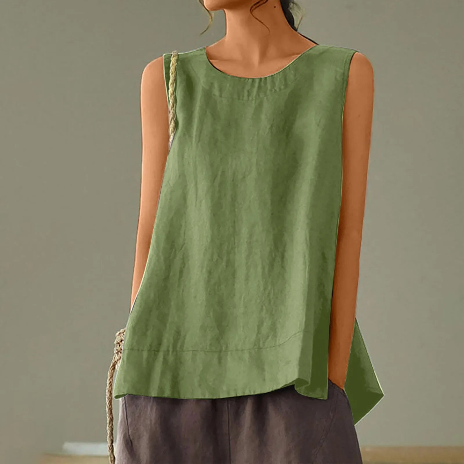 Female Summer Oversized Solid Color Retro Casual Cotton Linen Solid Color Sleeveless Round Neck Soft And Breathable Top Vest Qme Army Green L