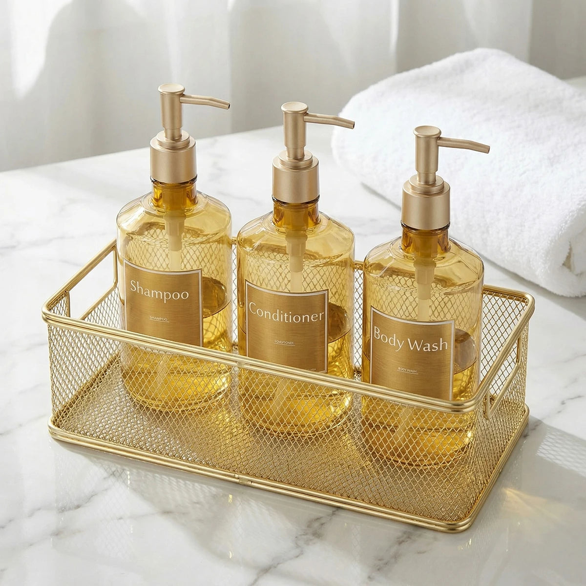 3PCS Shower Soap Dispenser Bottles with Waterproof Labels, Luxury Guest Bathroom Decoration Gold Bottles for Shampoo Conditioner Qme
