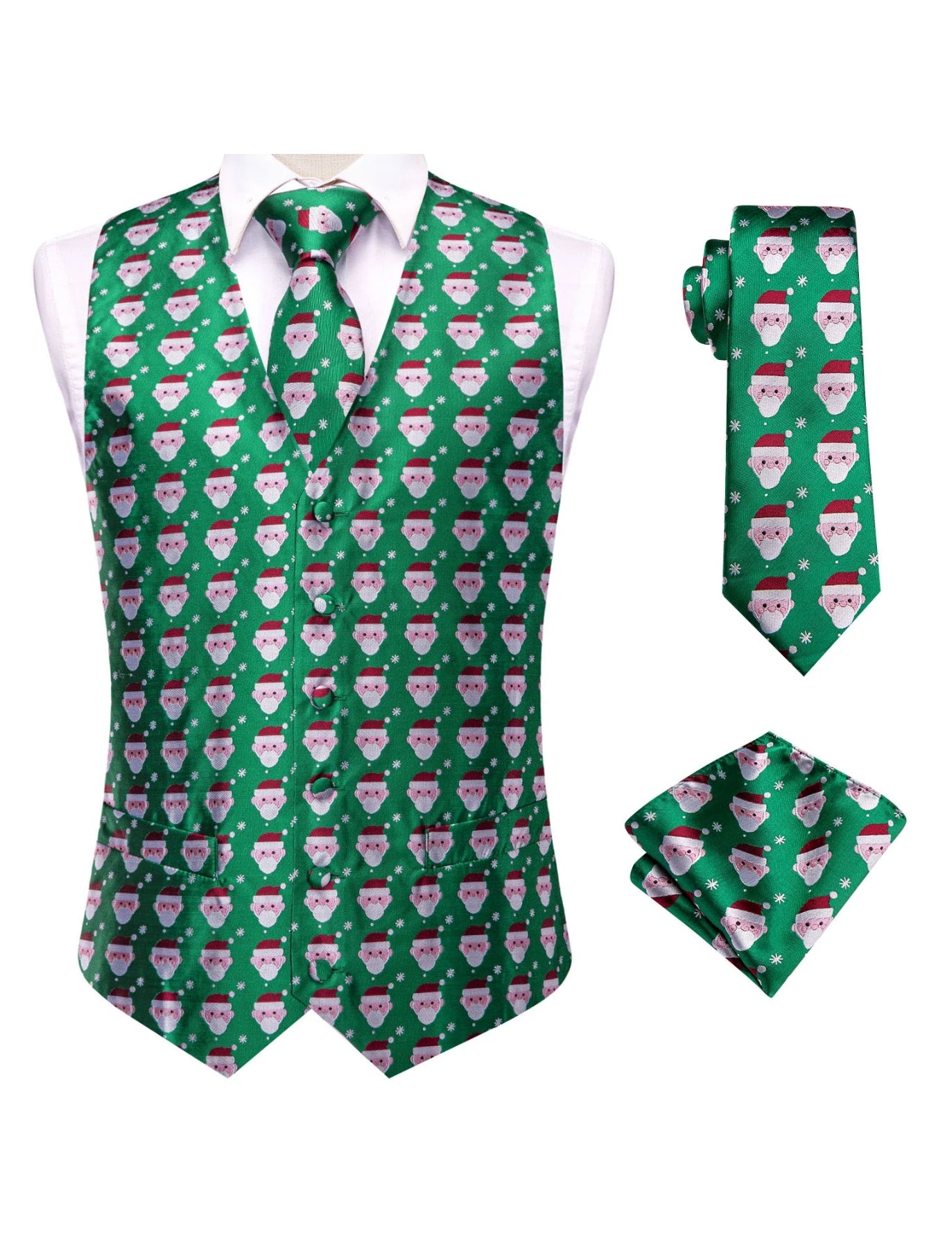 Green Men Vest Three-piece Suit Dress Waistcoat Tie Pocket Square Qme MJ-3079 XXXL