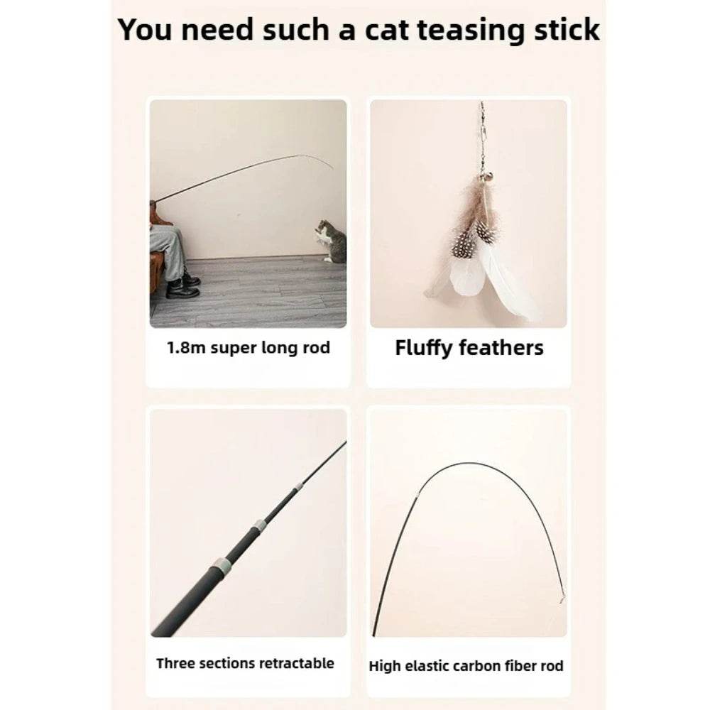 Durable 1.8M 4-Section Telescopic Cat Teaser Wand Catnip Interactive Fishing Rod Toy for Kitten Pet Plaything Qme
