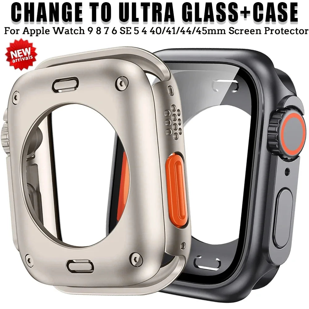 PC Case for Apple Watch Series 9 8 7 4 5 6 SE 45 44 Screen Protector Hard Shell Tempered Glass Change To Ultra 49mm cover Bumper Qme