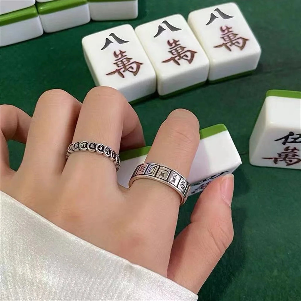 Creative Mahjong Money Abundant Adjustable Open Free Size Chinese Character Print Finger Ring for Men Women Retro Silver Color Qme