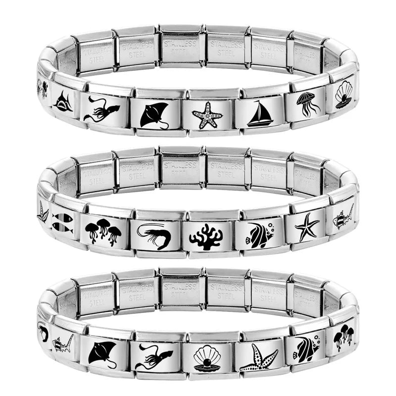 2026 Design Jellyfish Shell Pearl Turtle Laser Engraving Italian Charm Links Stainless Steel Fit 9mm Bracelet Jewelry DIY Making Qme