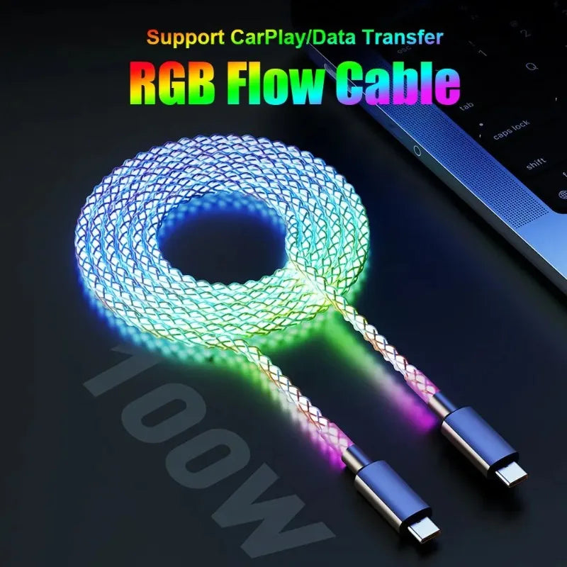 RGB Flowing LED Data Cable Breathing Gradient PD66W for iPhone Samsung Huawei Dual Type C Android Fast Charging Cord Qme