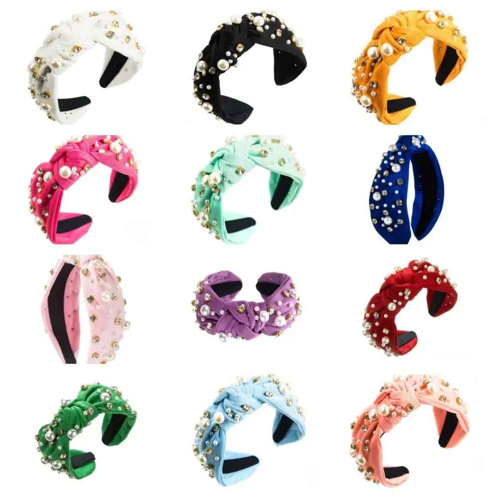 Solid Color Rhinestone Pearl Hairband Wide Edge Nail Pearl Head Hoop Hair Ornament Knot Style Baroque Headband Hair Accessories Qme