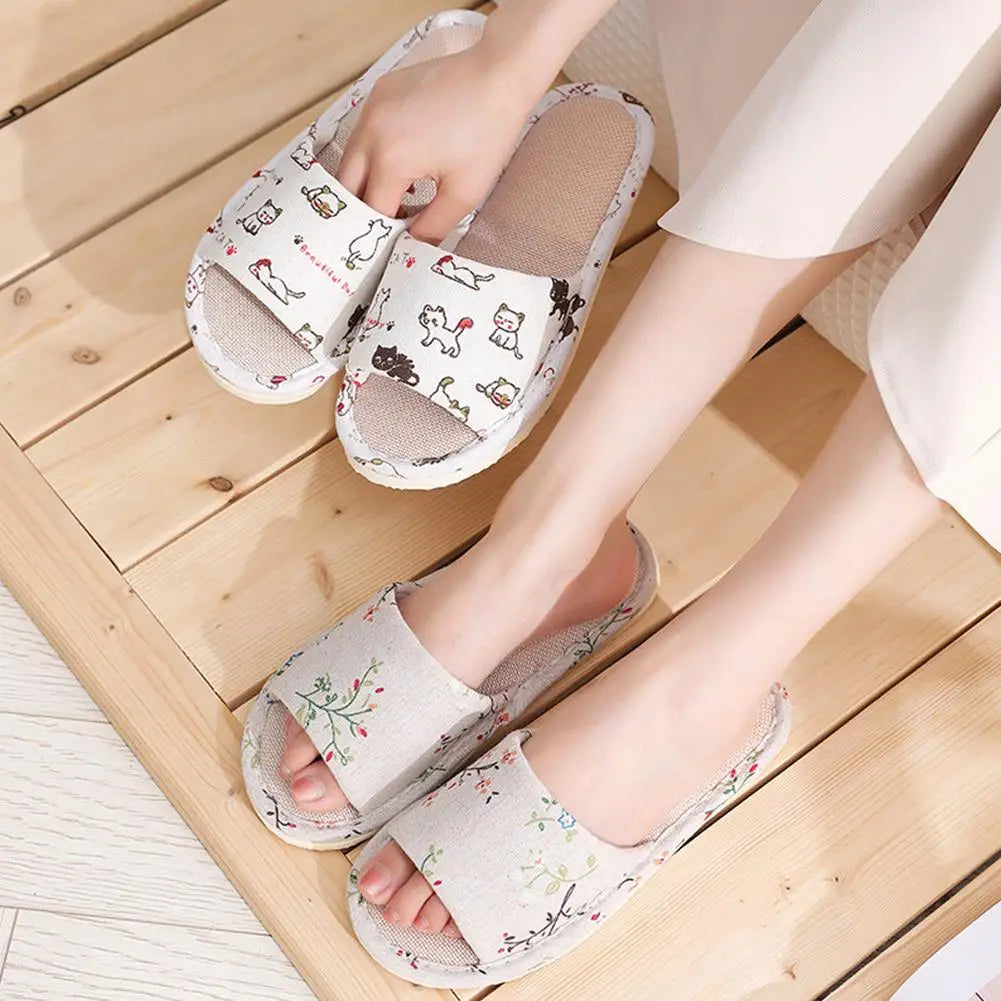 Women Flax Slippers Home Slippers Linen Summer Lightweight Flat Sandal Breathable Comfortable Non-Slip Slides Indoor Men Slipper Qme