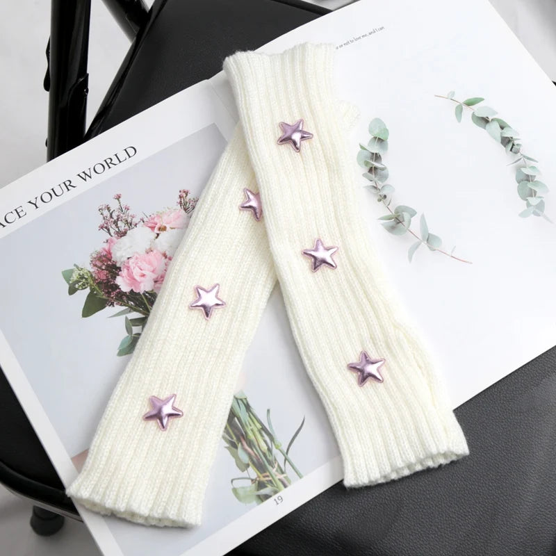 Y2k Fingerless Gloves Fashion Women Warm Arm Sleeve Knitted Star Decoration Mitten Casual Long Wrist Mittens Punk Gothic Gloves Qme