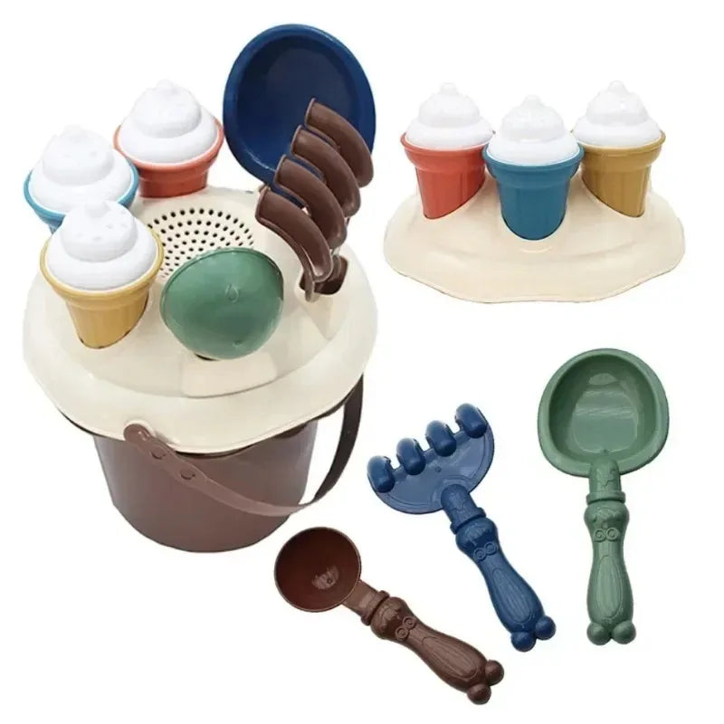 Kids Beach Toy Digging Sands Tool Sand Toys Set with Shovel Rake Water Bucket Ice Cream Mold for Toddler Boy Girl Birthday Gifts Qme