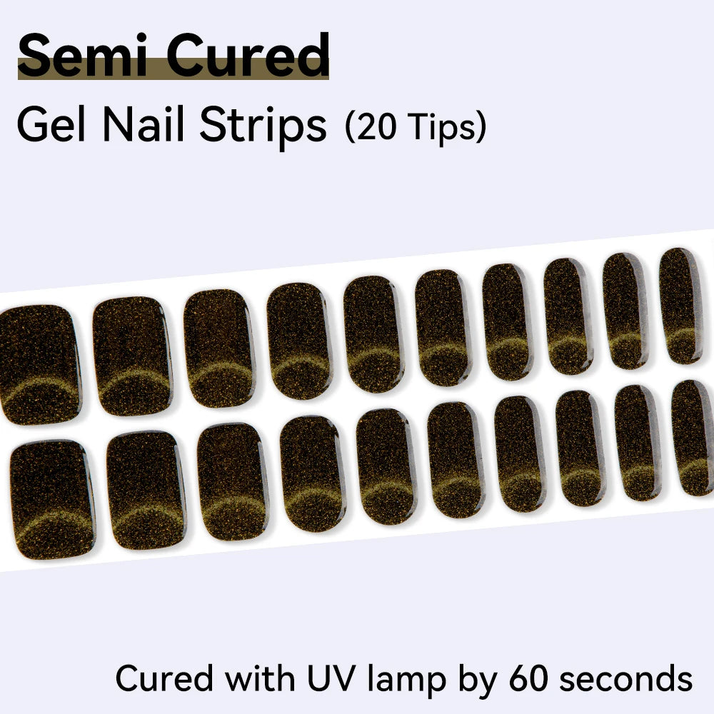 20Tips Semi Cured Gel Nail Strips Glitter Black White Plaid DIY Qme NC240324