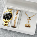 4PCS Men Business Watches Fashion Steel Band Date Quartz Watches Male Wristwatches Jewelry Set Relogio Masculino（Without Box） Qme Gold Without Box