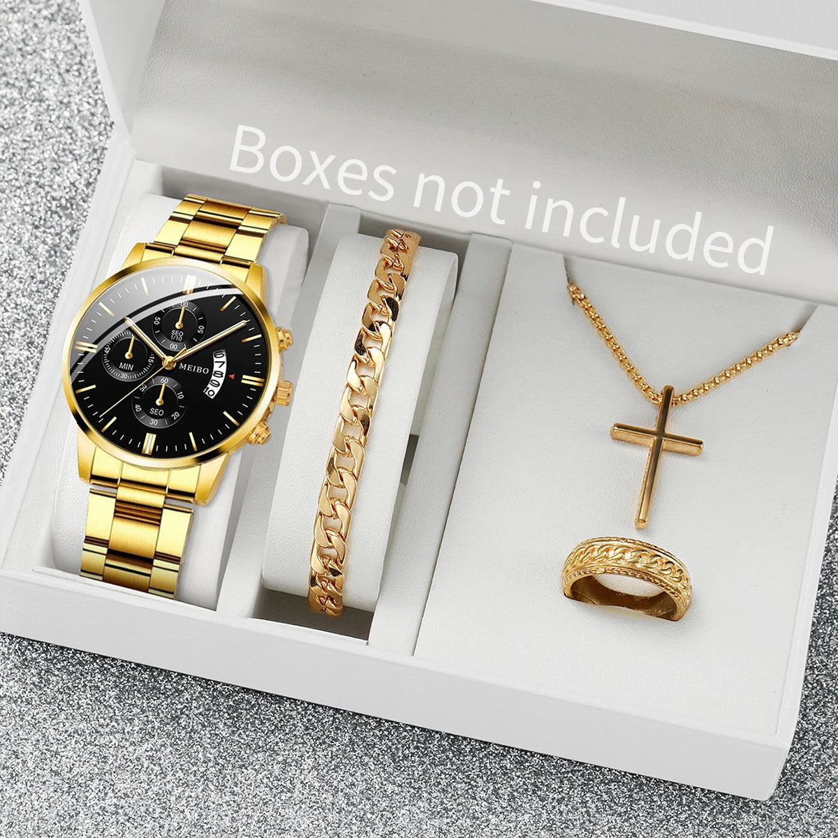 4PCS Men Business Watches Fashion Steel Band Date Quartz Watches Male Wristwatches Jewelry Set Relogio Masculino（Without Box） Qme Gold Without Box