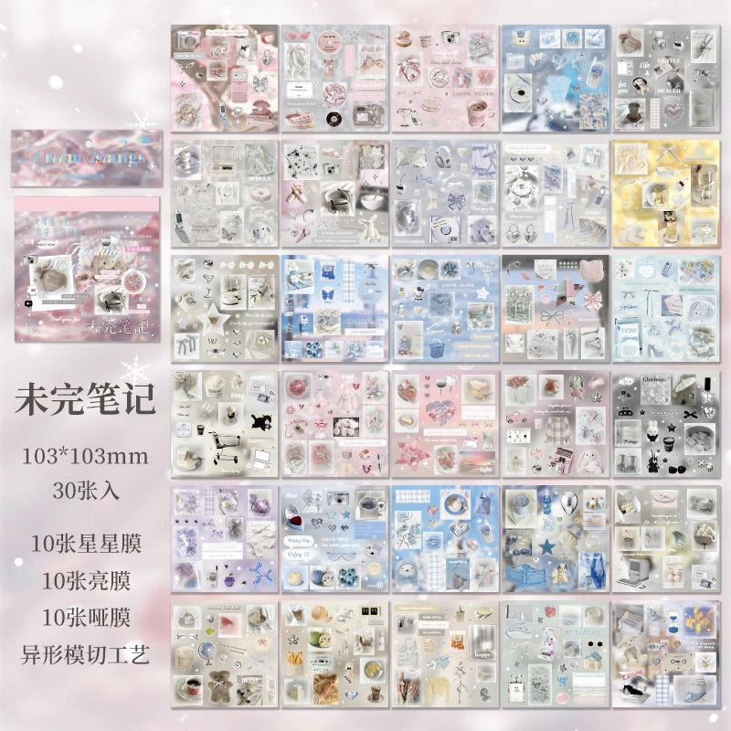 30 Sheets Cute Die-Cut Sticker Book - Hand account Decoration Scrapbooking Decals for Junk Journals & DIY Crafting Qme B