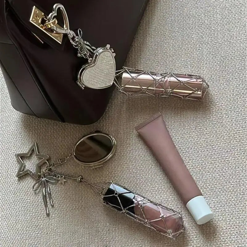 Metal Net Pocket Lipstick Cover Keychain Portable Pouch Lip Balm Bag Qme