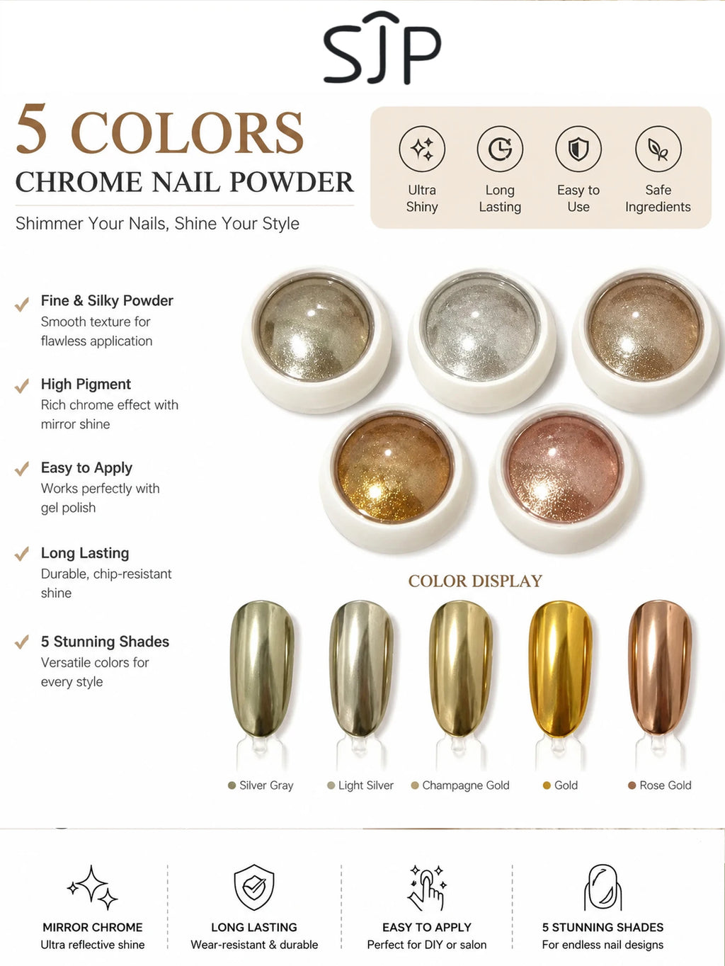 5-Color Chrome Nail Powder Mirror Effect Metallic Dust Holographic Qme