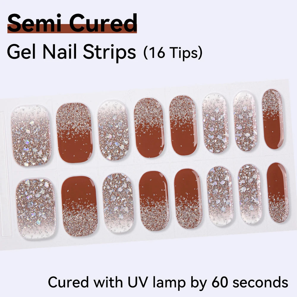 16Tips Gradient Starry Sky Glitter Semi Cured Nail Polish Decal Qme NF240220