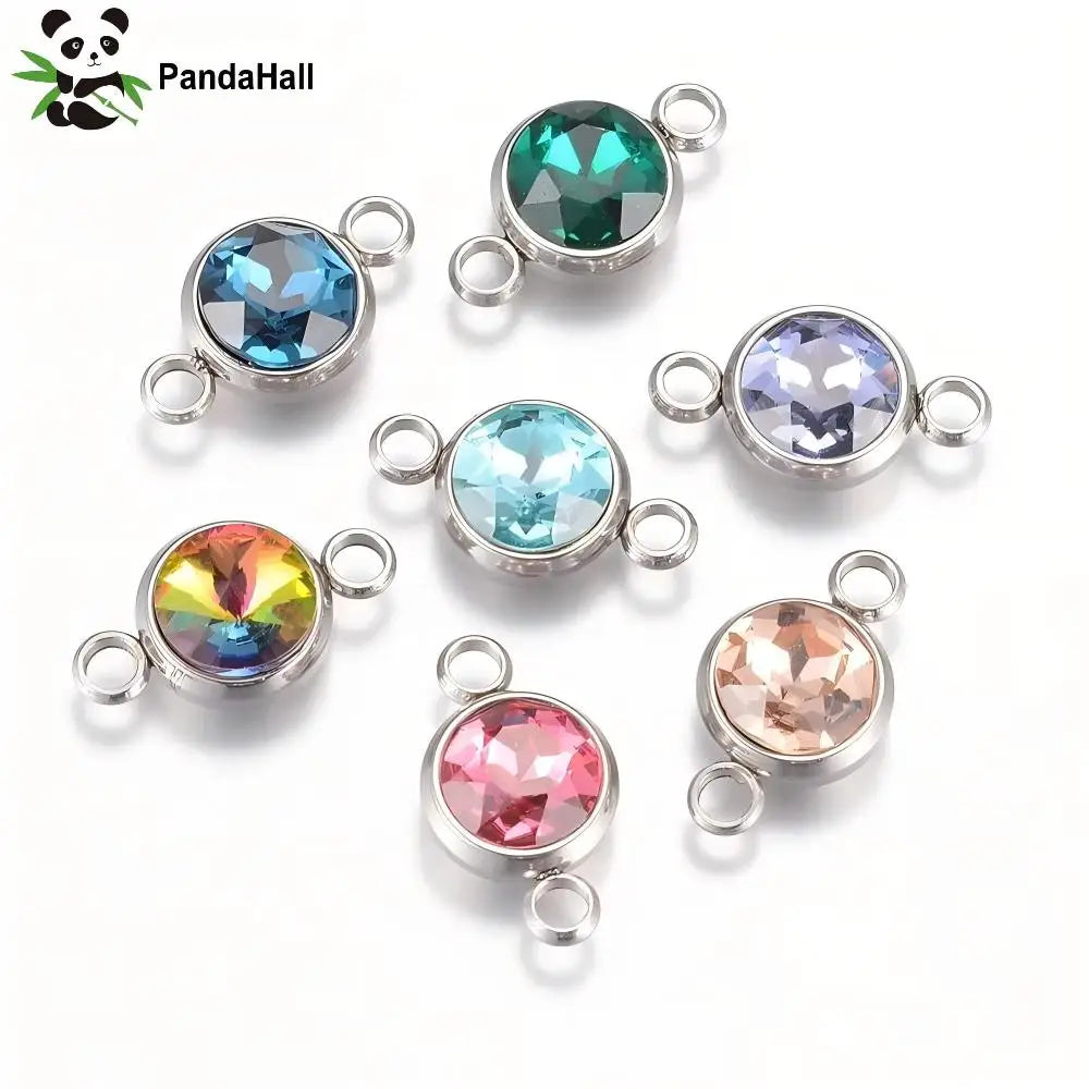 PandaHall 20Pcs K9 Glass Links connectors Faceted with 304 Stainless Steel Findings Flat Round Stainless Steel Color Mixed Color Qme