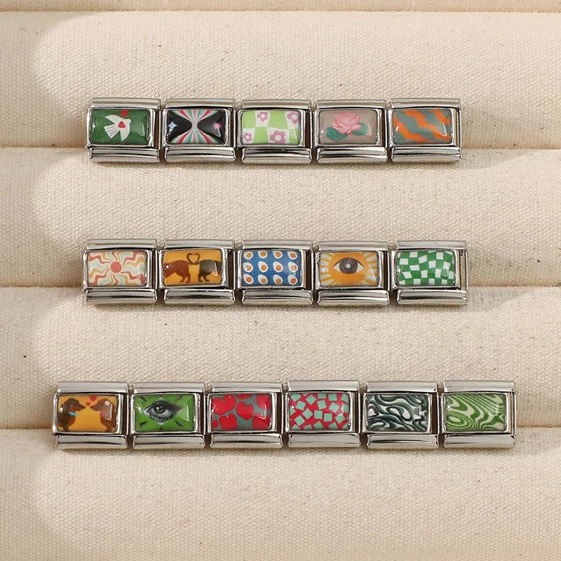 1PC Charm Cartoon Lucky Four-leaf Clover Eyes Italian Charm Links Fit 9mm Bracelet Stainless Steel DIY Jewelry Making Wholesale Qme