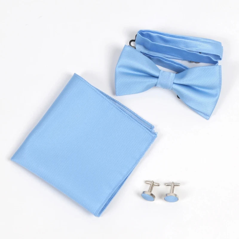 Men's Solid Bow Tie Sets Including Exquisite Cufflinks Soft Qme LIGHT BLUE