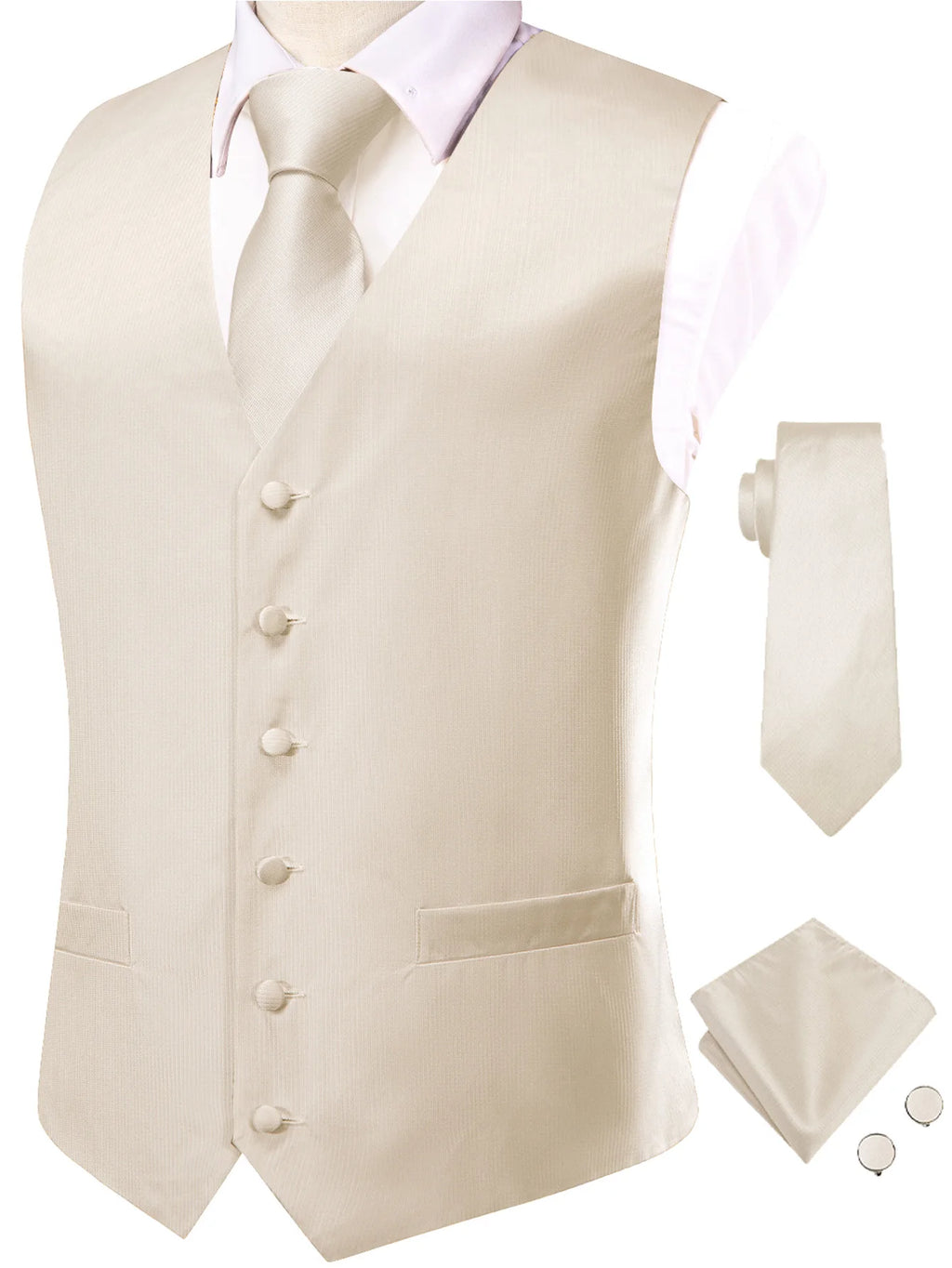 Mens Beige Suit Vest Tie Hanky Cufflinks Set Paisley Plain Waistcoat Sleeveless Jacket Necktie for Male Wedding Busniess Qme MJTZ3089 XXXL