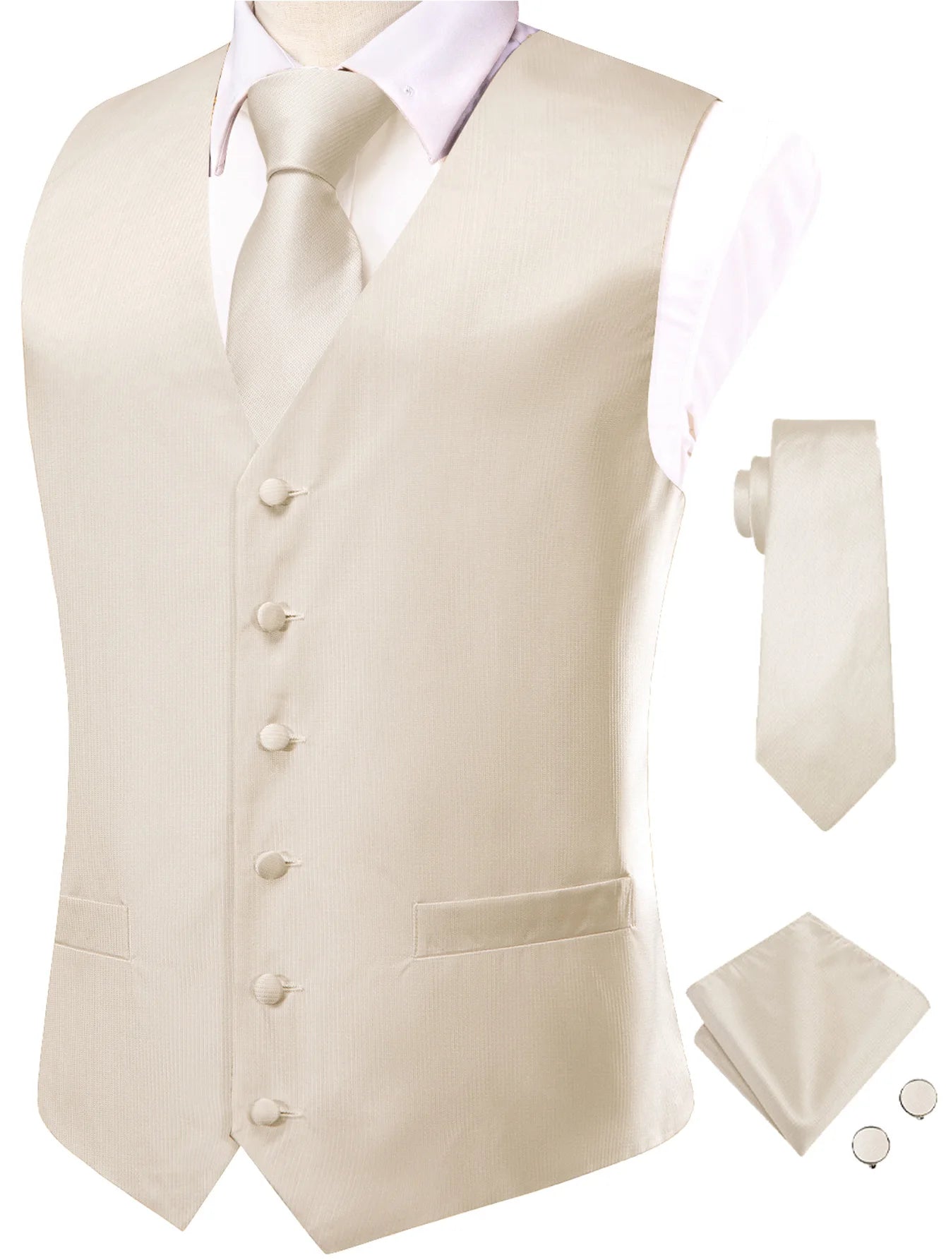 Mens Beige Suit Vest Tie Hanky Cufflinks Set Paisley Plain Waistcoat Sleeveless Jacket Necktie for Male Wedding Busniess Qme MJTZ3089 XXXL