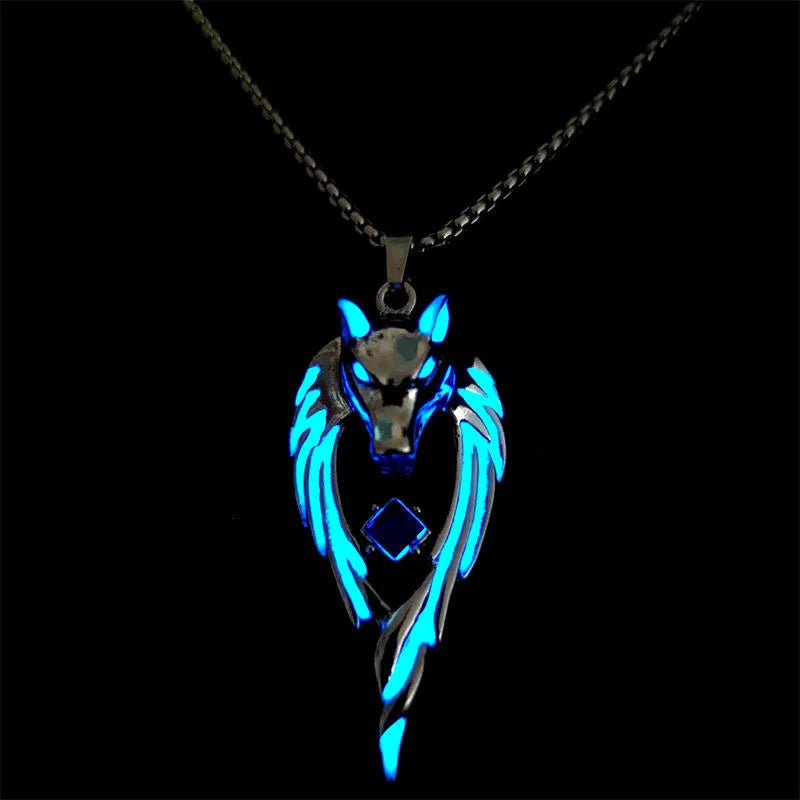 New Wolf King Pendant Necklaces for Men Glow in The Dark Animal Sweater Chain Glowing Necklace Punk Hiphop Jewelry Accessories Qme dark blue 60cm