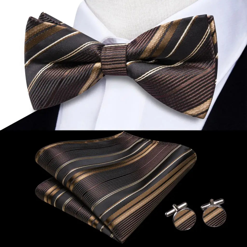 Hi-Tie Striped Black Red Mens Bow Tie Hankerchief Cufflink Pre-tied Silk Butterfly Knot Bowtie for Male Business Party Wholesale Qme S1-LH-2580