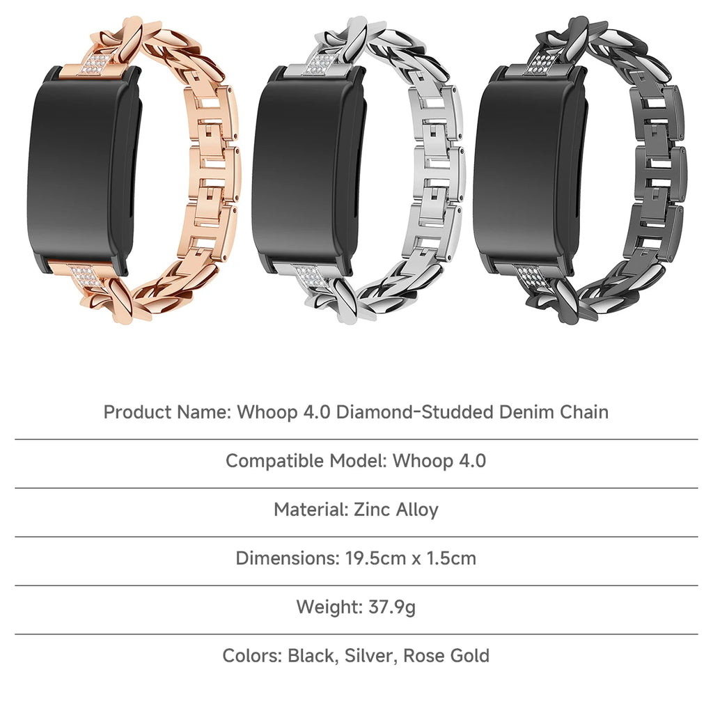 Women Metal Strap for Whoop 4.0 Lady Steel Bracelet Wristband Diamond-Studded Denim Chain for Whoop 4.0 Qme