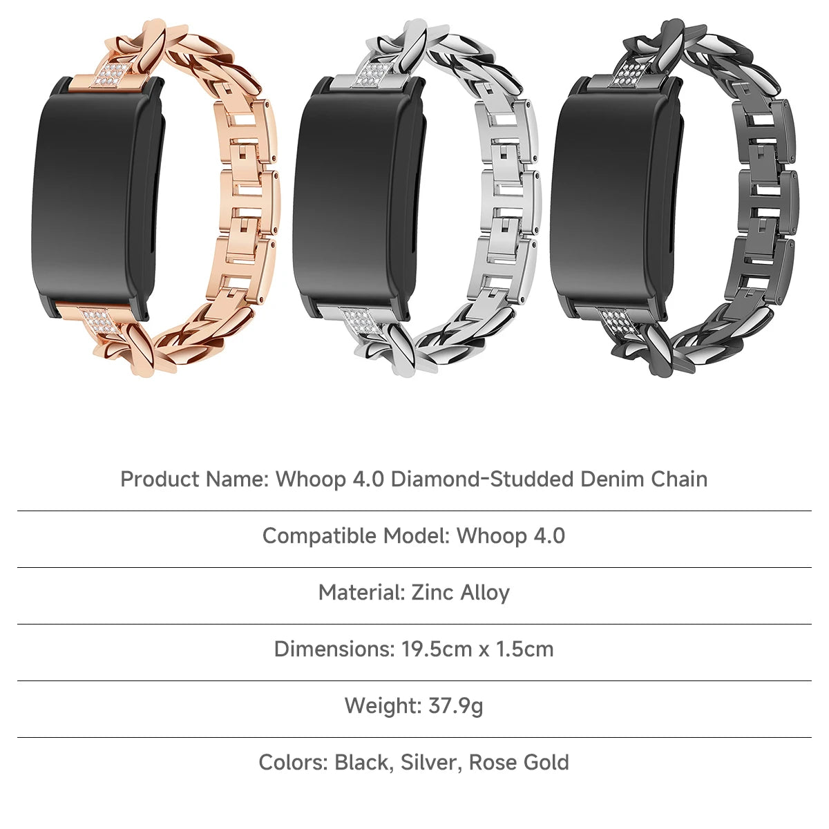 Women Metal Strap for Whoop 4.0 Lady Steel Bracelet Wristband Diamond-Studded Denim Chain for Whoop 4.0 Qme