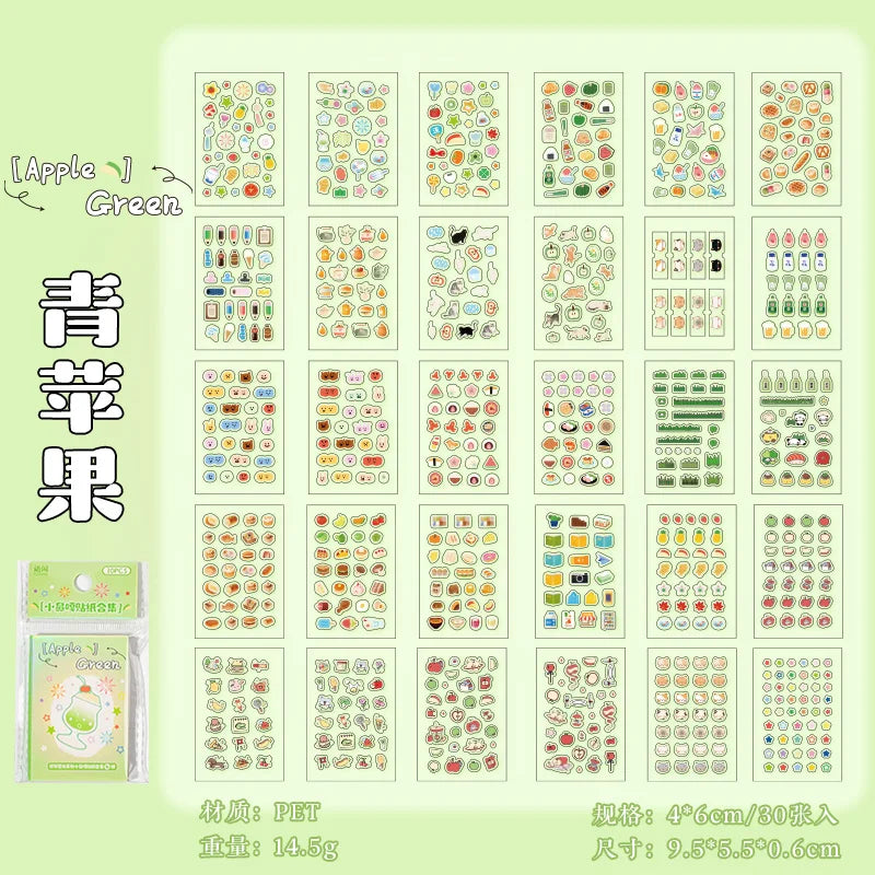 30 Sheets/Book Mini Cute Nail Stickers for DIY Scrapbooking Journal Phone Case Laptop Decoration Nail Art Water Decals Qme Apple green