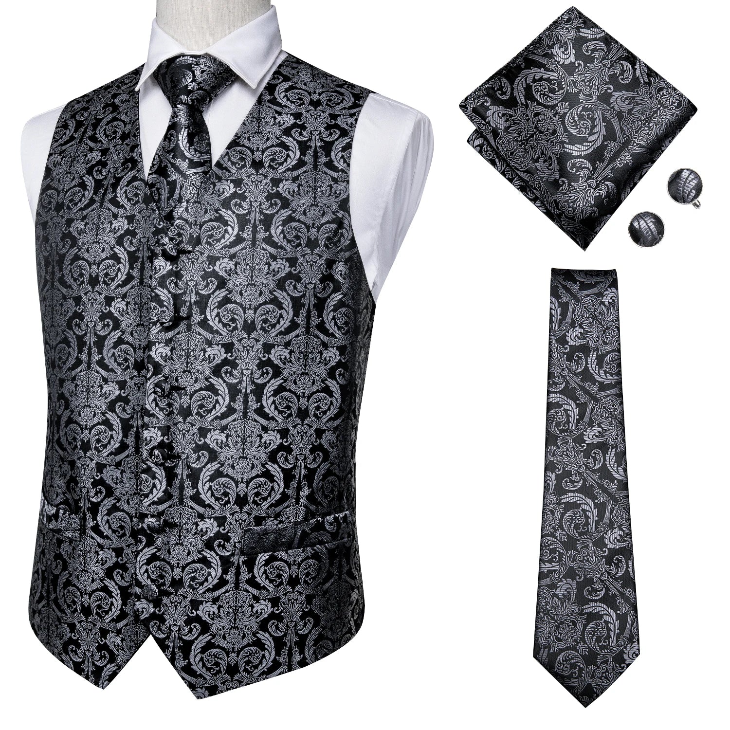 V-neck Waistcoat 4 Men Vest Tie Pocket Square Cufflinks Business Qme MJTZ0011 XXL
