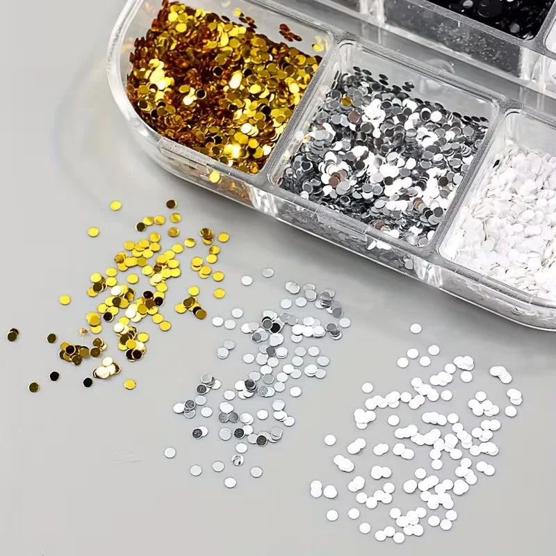 6-compartment Mixed-size Round Nail Art Glitter DIY Charm Decorations Qme