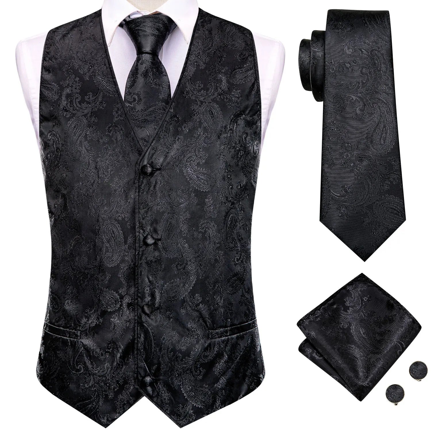 Hi-tie Silk Mens Suit Vests Woven Black Paisley Waistcoat Tie Pocket Qme