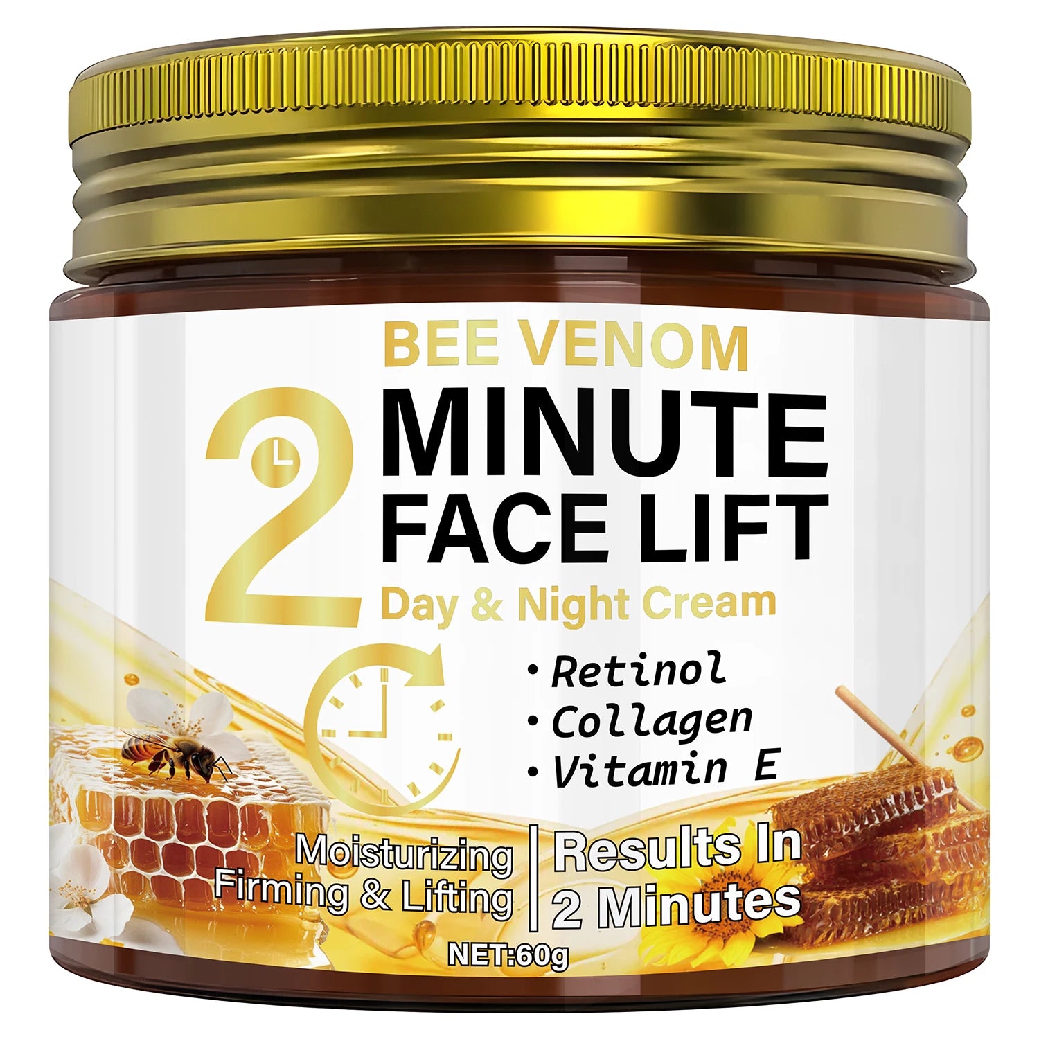 Bee Venom Anti-Aging Day & Night Cream with Retinol & Collagen - Intense Moisturizing & Firming Face Lift Treatment Qme YELLOW 60g