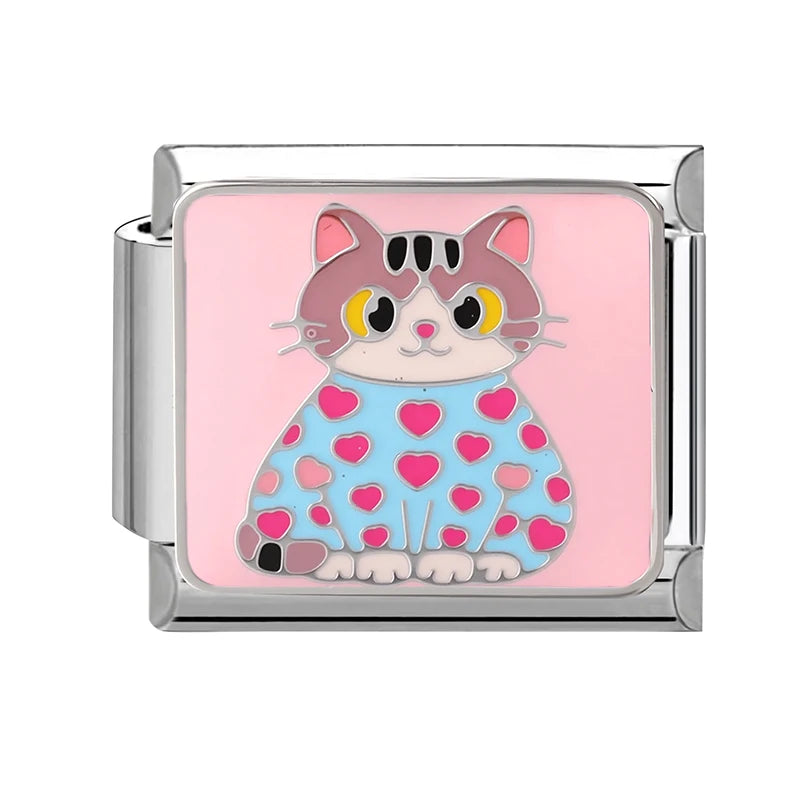 Cute Colored Love Heart Cat Italian Charm Fit Stainless Steel Women