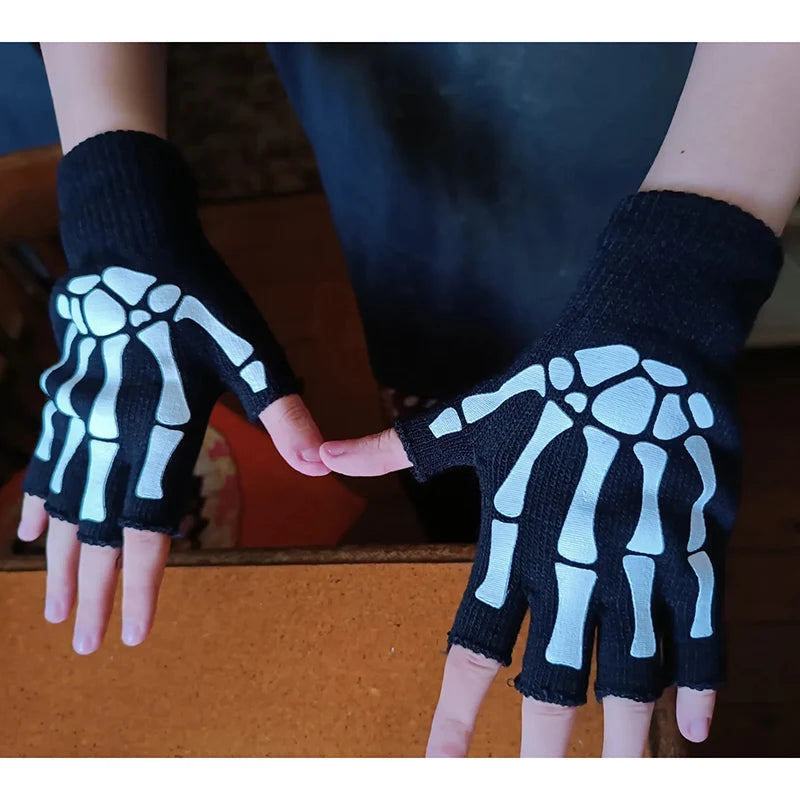 Skull Punk Gloves Black Neutral Half Finger Ghost Claw Knitted Qme