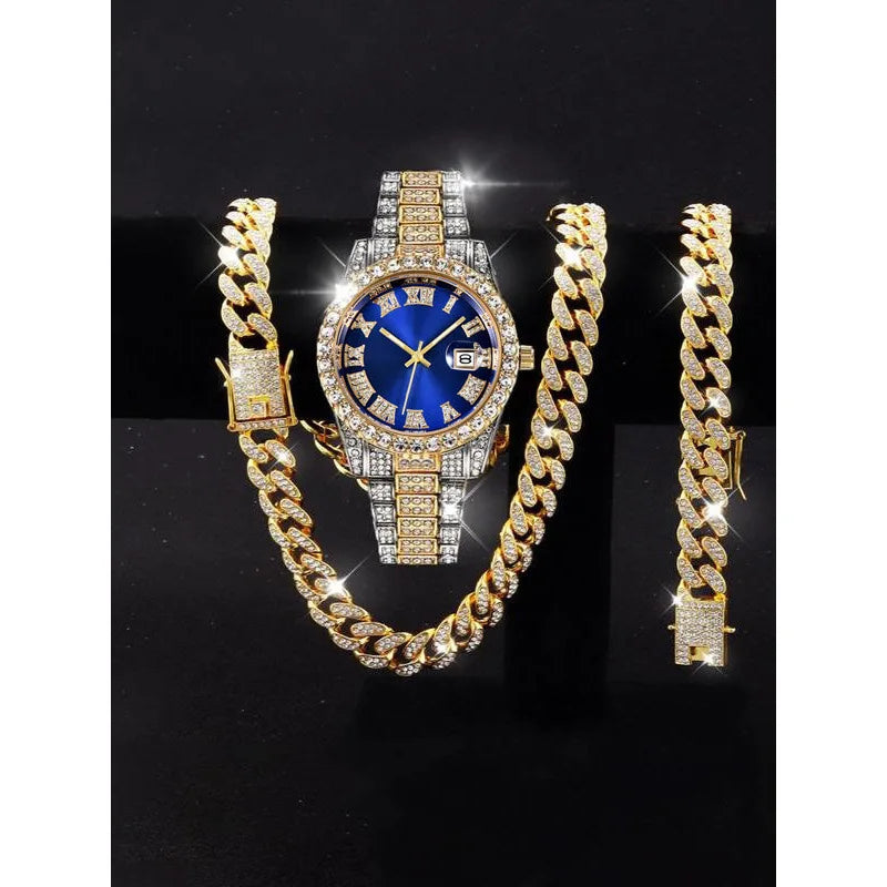 3-piece set hip-hop watch set with rhinestone bracelet and necklace, quartz Qme Red
