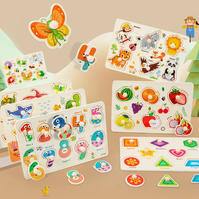 Baby Cognitive Puzzle Handheld Board Number Animal Fruit Shape Early Qme